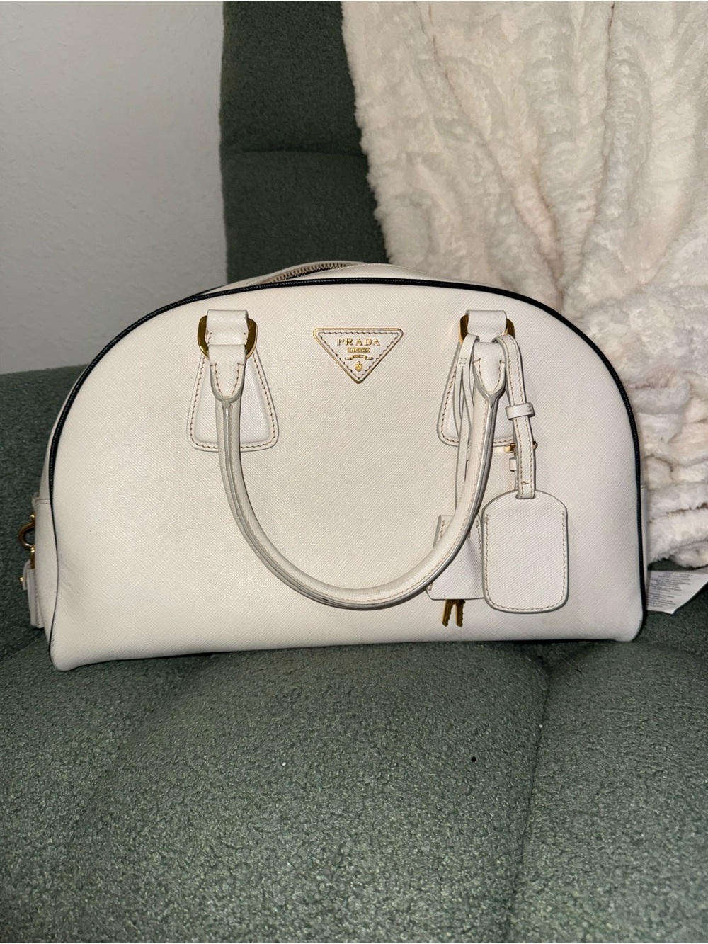 Prada White Saffiano “Bowler Bag” with Gold Hardware